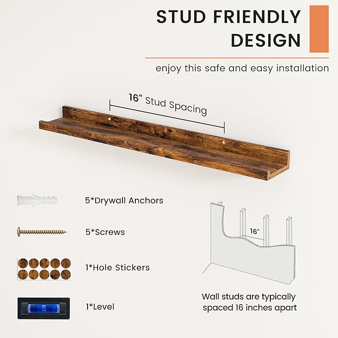 FLYJOE Picture Ledge Shelf, Floating Shelves Set of 2, 32 Inches Nursery Book Shelves for Toys Storage, Kids Bookshelf Wall Mounted for Living Room Bedroom Decor Books Photo Frames, Rustic Brown