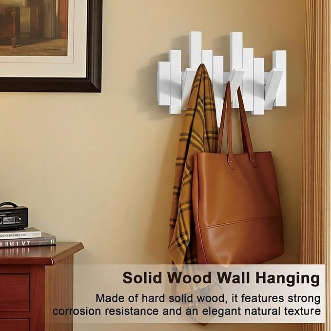 Modern Wooden Coat Rack, key holder wall mount– Handmade Solid Walnut Flip Hook Rack with Hidden Mount, Decorative Entryway Wall Hooks for Coats, Bags & Hats, Space-Saving Design (White, 3Hooks)