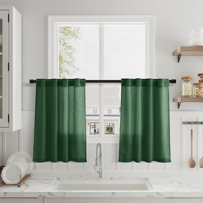 Green Linen Cafe Farmhouse Kitchen Curtains 36 Inch Length Linen Privacy Light Filtering Pleated Short Curtains with Rod Pocket Back Tab for Over Sink Cafe Bathroom Laundry Room 2 Panels 26Wx36L