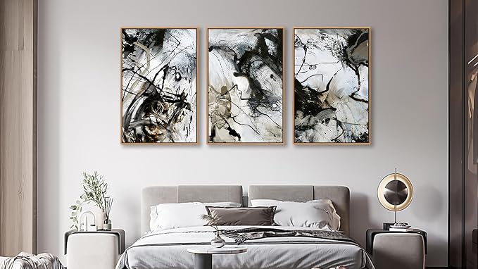 Large Modern Painting Wall Art for Living Room Float Framed Art Set of 3 Abstract Canvas Pictures Black and White Minimalist Artwork Canvas Prints for Bedroom Home Office Wall Decor 24X36inX3pcs