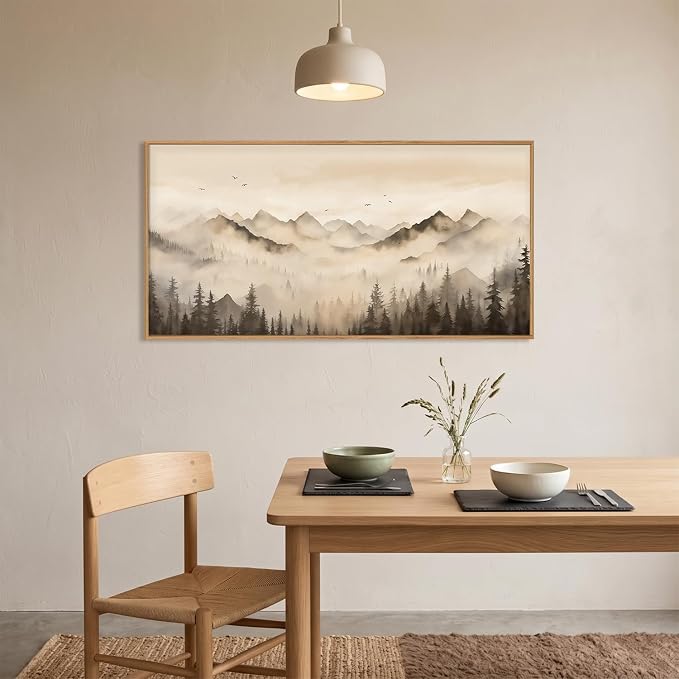 Neutral Misty Mountain Forest Framed Canvas Wall Art Set,Nature Foggy Pine Tree Landscape Wall Decor,Watercolor Beige Brown Scenery Artwork for Living Room,Bedroom,Office-40 x20 x1