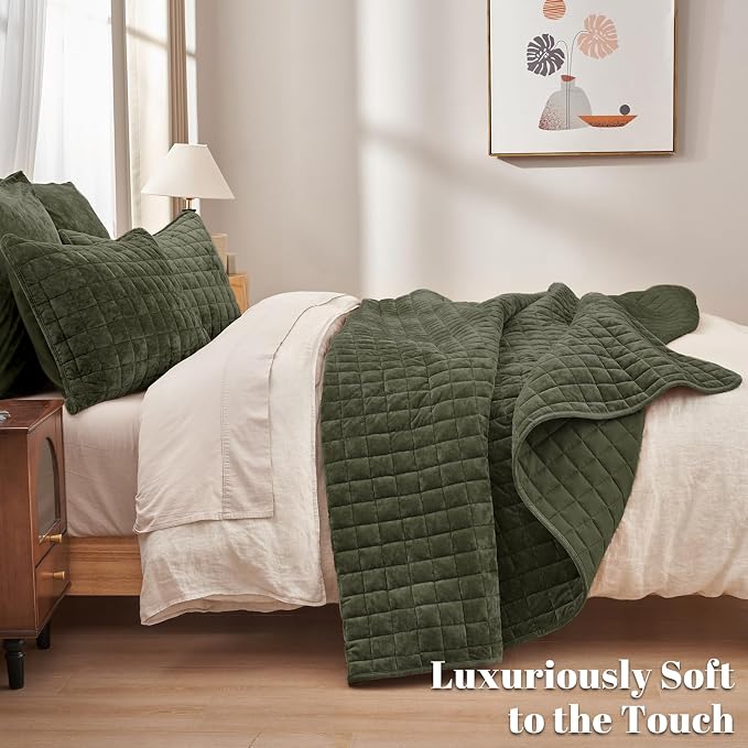 PHF Luxurious Velvet Quilt Set King Size – 3PCS Super Soft Quilted Comforter Alternative with Square-Box Quilt Pattern, Warm Quilted Bedspread Coverlet, 108" x 92", Smokey Olive