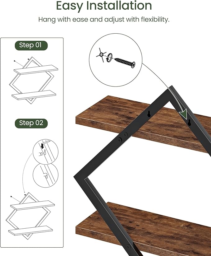 CHOEZON Floating Shelves, Set of 2 Wall Shelves, 2-Tier Hanging Shelves, Wall Shelf Set of 2, Wall Mounted Shelves, for Living Room, Bedroom, Kitchen, Office, Study, Rustic Brown TBJ01P2BF