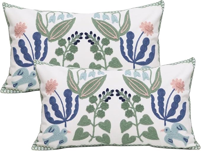 Pack of 2 Embroidered Decorative Throw Pillow Cover 18x18 Inch Farmhouse Floral Pillowcase for Living Room Sofa Bed (Bird Flower-Waist)