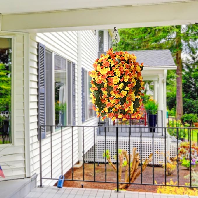 INQCMY Artificial Hanging Flowers Basket for Spring Summer Outdoor Decor,Faux Silk Begonia in Planter Look Real UV Resistant for Porch Home Patio Garden Yard Decoration