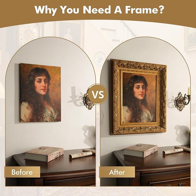 Retro Ornate Frame for 24x30 Canvas Prints, DIY 3.7" Wooden Art Frame for Italian Renaissance Paintings, Gallery Wall Art for Home Office Museum Library Book Shop Decor, No Glass & Back (Gold)
