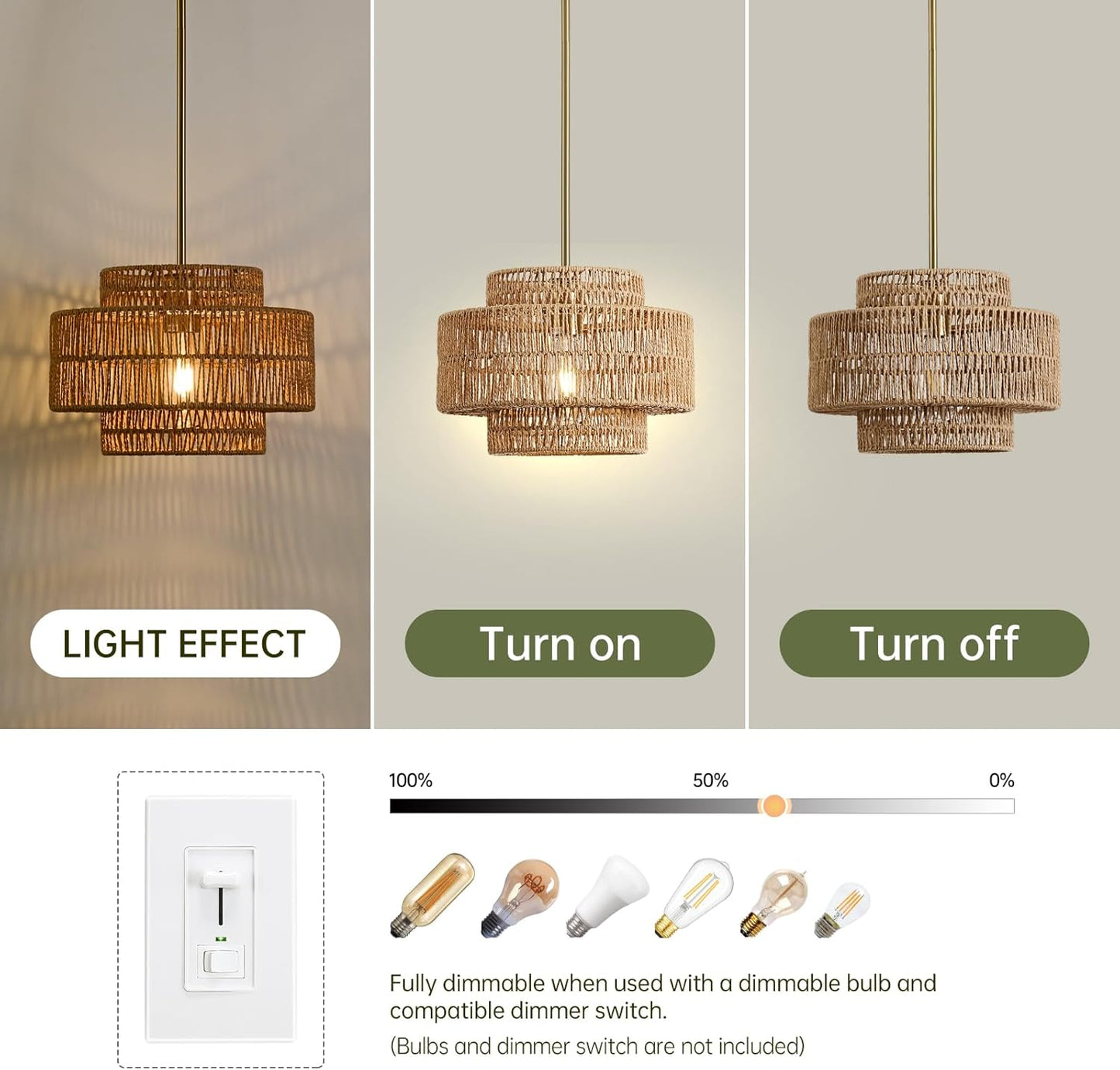 12.4” Boho Rattan Chandelier Light Fixture, 1-Light Hand Woven Pendant Light Fixture Farmhouse Rustic Hanging Lamp for Kitchen Island Bedroom, Dining Room, Living Room, Entryway, Foyer