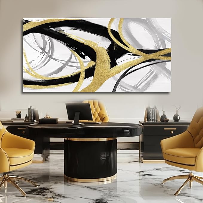 Large Black and Gold Line Wall Decor Modern Abstract Framed Wall Art Neutral Textured Canvas Prints Pictures for Living Room Office Artwork 29"x58"