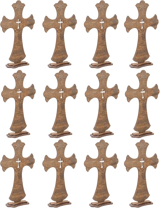 12 Inch 12 Pack Brown Wood Crosses Torched Wooden Tabletop Cross Rustic Standing Cross for Baptism Centerpieces Home Church Decor Prayer Gifts