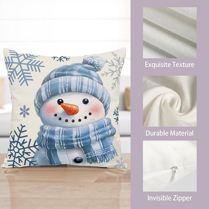 Lovely Blue Snowman Pillow Covers Winter Throw Pillow Case 20x20 Set of 2 Snowflakes Pillowcase Holiday Cushion Case for Living Room Bedroom Couch Sofa