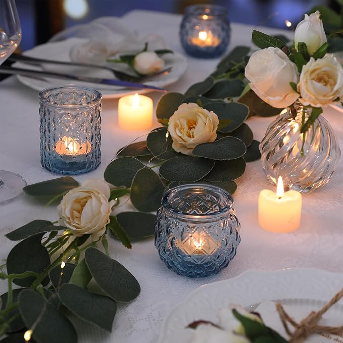 DARJEN Blue Votive Candle Holders Set of 36- Round Candle Holders Bulk, Glass Candle Holder for Wedding Home Decoration, Tea Lights Candle Holders for Wedding Shower, Party & Gift