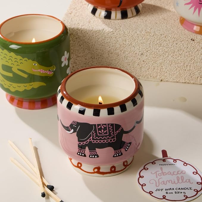 Paddywax Scented Candles Dopo Hand-Painted Ceramic Luxury Artisan Candle, 8-Ounce, Elephant - Tobacco Vanilla