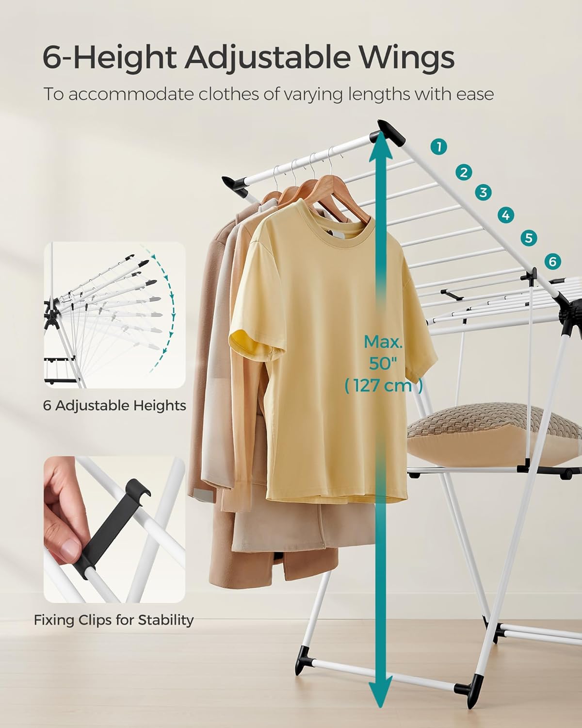 SONGMICS Clothes Drying Rack, Foldable 2-Level Laundry Drying Rack, Free-Standing Airer, 1 Additional Tall Hanging Bar, 2 Height-Adjustable Wings, 24 Drying Rails, Space Savng, Simply White ULLR521W01