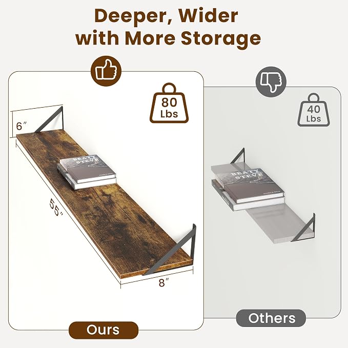 55" Long Wall Mounted Floating Shelves,8 inch Deep Floating Shelf with Metal Brackets Set of 2,Easy-to-Install Wall Decor Storage Ledges for Living Room,Bathroom,Bedroom,Kitchen,Office,Rustic Brown