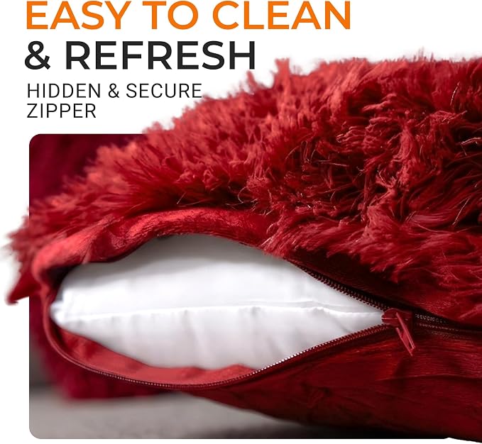 Cheer Collection Throw Pillows for Couch and Bed, Soft Shaggy Throw Pillows with Inserts Included, Cozy Long Hair Faux Fur Pillows - Set of 2-18" x 18" - Maroon