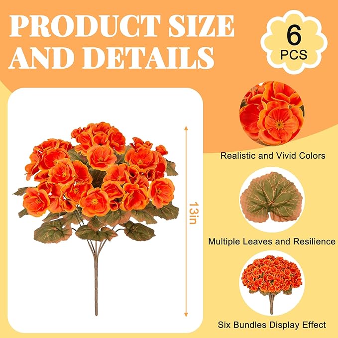 Ammyoo Fake Fall Flowers Artificial for Outdoors Decoration, 6 Bundles Faux Geranium Silk Flower Outside UV Resistant No Fade Artificial Floral for Home Garden Balcony Indoor Table Centerpieces Decor