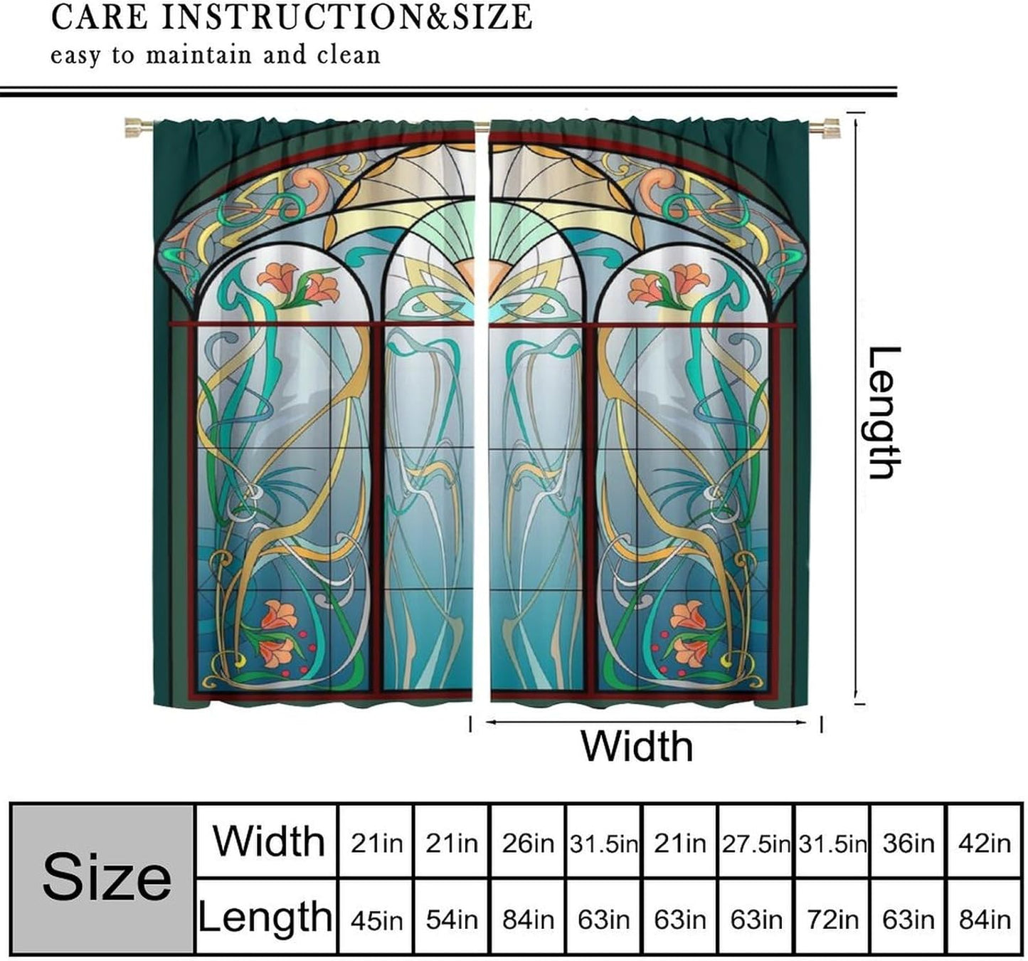 Stained Glass Curtains, Retro Mid Century Boho Abstract Art Home Decor Drapes for Bedroom Living Room Kitchen Window Treatment 2 Panels Set Total Size 42" W X 45" L Inch