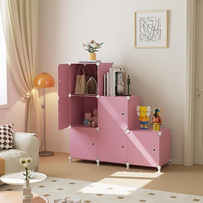Cube Storage Organizer, 6-Cube Shelves Unit with Doors, DIY Stackable Plastic Clothes Organizer for Bedroom and Under Stairs Storage Unit, Each Compartment 30 x 30 x 30 cm Pink ATTSL6006