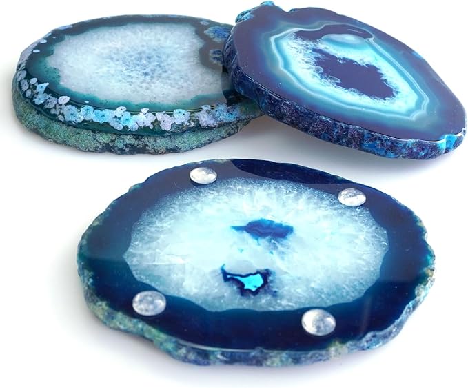Teal Agate Slices Bulk Geode Coasters Set of 4 with Rubber Bumpers - Unique 4-5 Inch Dyed Stone Drink Crystal Cup Coasters for Home Decor, Coffee Table, Bar Accessories