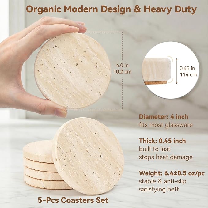 Travertine Coasters Set of 5, Modern Farmhouse Beige Marble Coasters for Coffee Table, 4 Inch Round Natural Stone Coaster with Cork Backing - Heat Resistant, Non-Slip, Non-Scratch, Gift Ready
