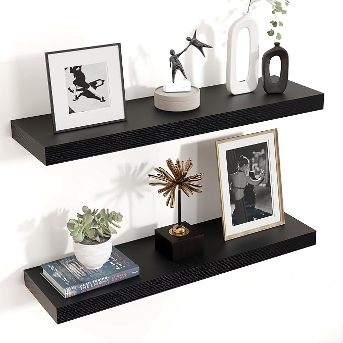 24" Wide x 6.5" Deep Floating Shelves for Wall, Black Finish, 2-Pack | Engineered Wood Wall Shelves with Invisible Brackets for Living Room, Bedroom, Bathroom, Office & Kitchen Storage