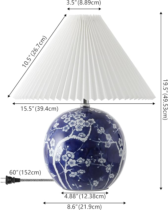 JONATHAN Y 19.5" Navy/White Shishen Chinoiserie Ceramic Table Lamp, Traditional Hand-Painted Floral Cottage Lamp with White Pleated Linen Shade, LED Bulb Included (JYL5056C)