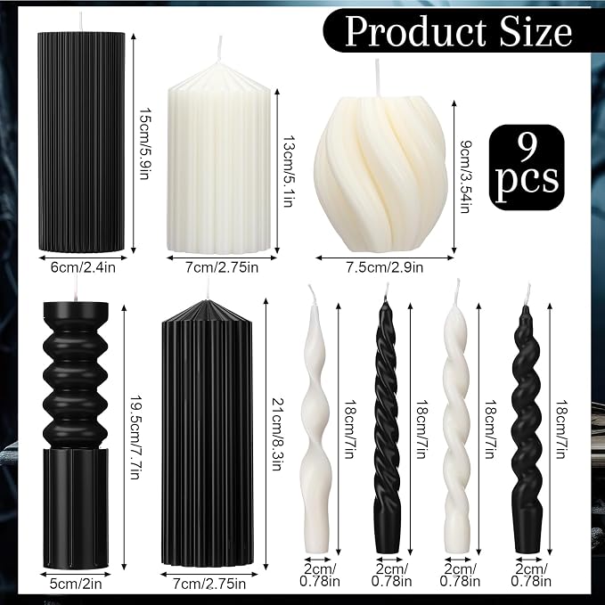 Nuanchu 9 Pcs Modern Decorative Candles Set 5 Pillar Aesthetic Ribbed Candles 4 Spiral Taper Twisted Candlesticks Scented Smokeless Soy Wax for Wedding Holiday Dinner Home Decoration(Halloween Color)