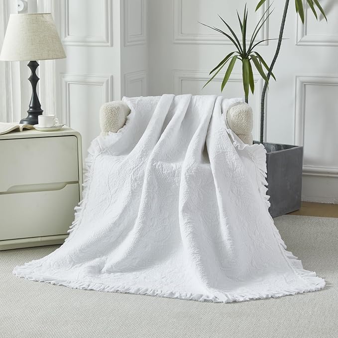 Brandream White Ruffle Quilted Throw Blanket Cotton Throws for Bed Couch Daybed 47 X 60 Inch Decorative Blankets