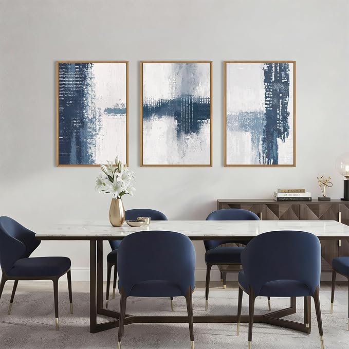Large Abstract Navy Blue Grey Framed Canvas Wall Art Set,Neutral Minimalist Brush Stroke Wall Decor,Modern Blue Color Block Artwork for Living Room,Bedroom,Dining Room,Office-24 x36 x3