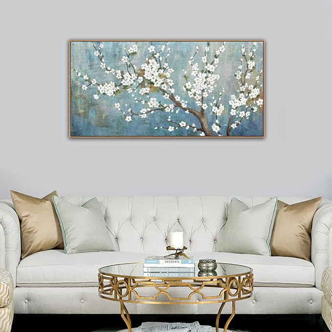 yearainn Framed Floral Tree Wall Art – White Flowers Green Leaves Branches Picture, Vintage Blue-Turquoise Background, Watercolor Artwork for Home Decor, Ready to Hang, Natural Wood Frame, 24" x 48"