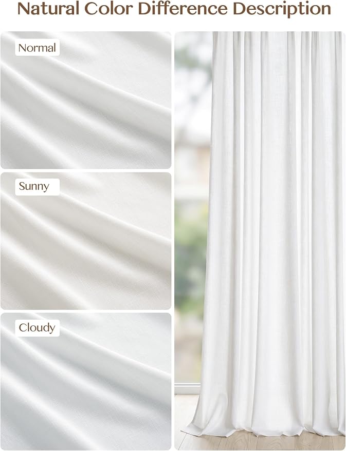 THREE GIRLS Liz Pinch Pleated Linen Curtains 92 Inches Long, Light Filtering Curtains for Living Room, Farmhouse Window Curtains for Bedroom, Modern Drapes with Hooks and Rings, White, 2 Panels Set