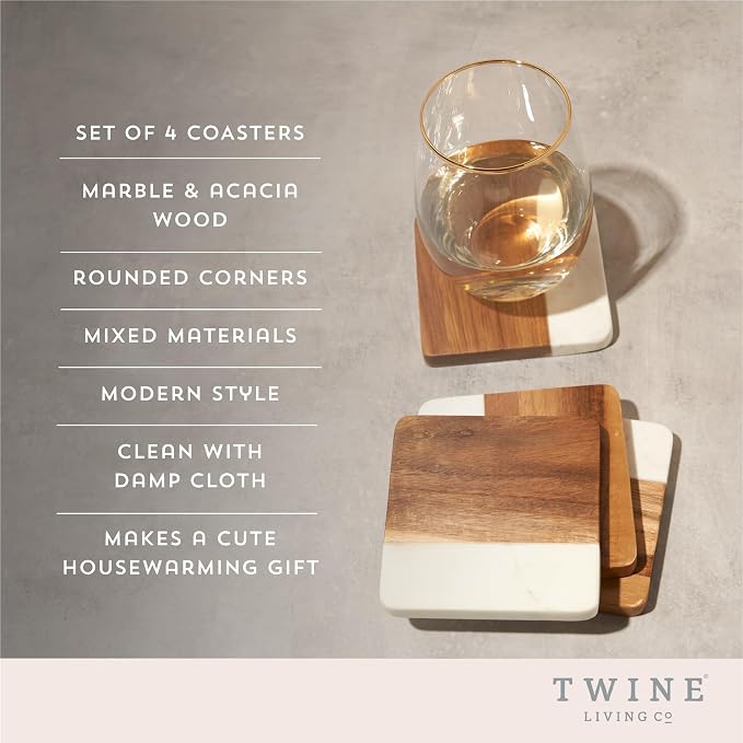 Twine Marble and Acacia Coasters, Modern Square Coasters, Acacia Wood, Marble, Protect Tables and Surfaces, Set of 4