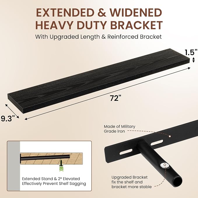 Dreamland 72 Inches Floating Shelves for Wall,9.3" Deep Long Floating Shelves Set of 1,Large Display & Storage Shelf,Wall Shelf for Bathroom Bedroom Living Room Kitchen Office,Black