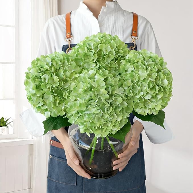 JINWOE Green Hydrangea Artificial Flowers, 4Pcs 22" Large Lifelike Faux Silk Flowers, Full Artificial Hydrangeas for Bouquet Table Centerpieces Indoor Spring Outdoor Home
