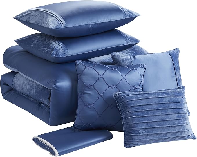 Queen Comforter Set 7 Piece - Ultra-Soft Comforter, 2 Shams, Elegant Bed Skirt, & 3 Decorative Throw Pillows - Luxurious Crushed Velvet Premium Bedding Ensemble for Sophisticated Bedroom, Navy Blue