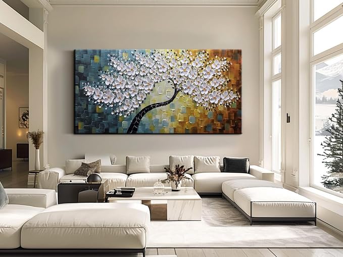 YaSheng Art - Wall Art Oil Painting ,100% Hand Painted 3D Texture Wall Art Artwork White Flower Tree Paintings ,Abstract Canvas Wall Art ,Bedroom Dining Room Living Room Modern Wall Art Decor Home , Framed Wall Art Picture 24x48inch