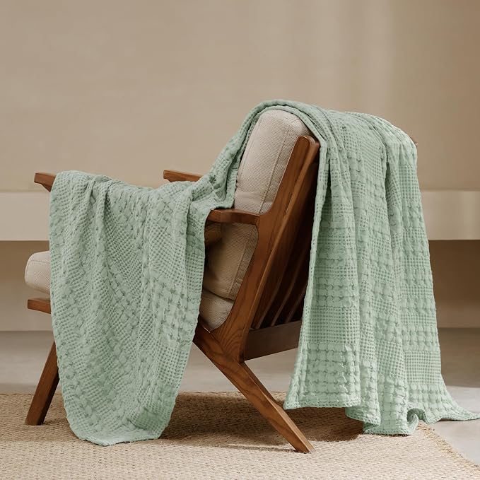 PHF 100% Cotton Waffle Throw Blanket for Couch, Lightweight Breathable and Soft for Summer, Luxury Aesthetic Waffle Weave Blanket for Home Decor & Office, Gifts for Women, 50"x60", Mint Green