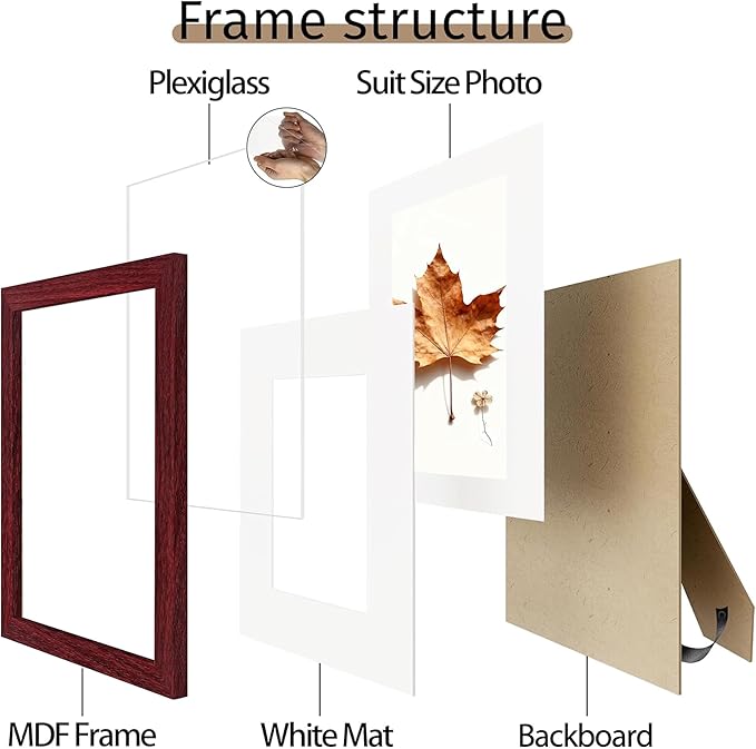 Picrit 8x10 Picture Frame Set of 12, Display 5x7 with Mat or 8x10 without Mat, Photo Frames for Wall Mounting or Table Top Display, Dark Red Wood