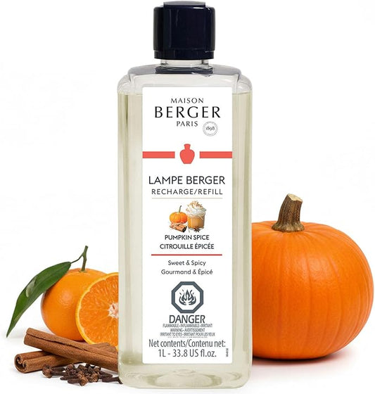 Maison Berger Pumpkin Spice Lampe Berger Refill, 1 Liter (33.8 fl oz), 2-in-1 Catalytic System, Neutralizes Odors and Diffuses Fragrance, Ginger, Cinnamon, Clove, Made in France