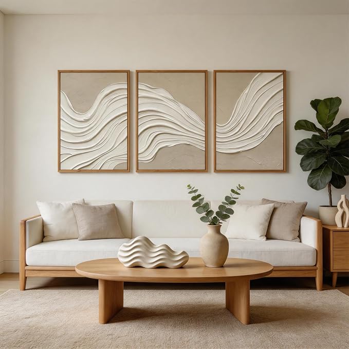 CHDITB 3D Textured Relief Sculpture Framed Canvas Wall Art Set, Neutral Earth Tone Abstract Wave Minimalist Texture Art Prints, Modern Wall Decor for Living Room Hallway Bedroom Home Decor 24"x36"x3