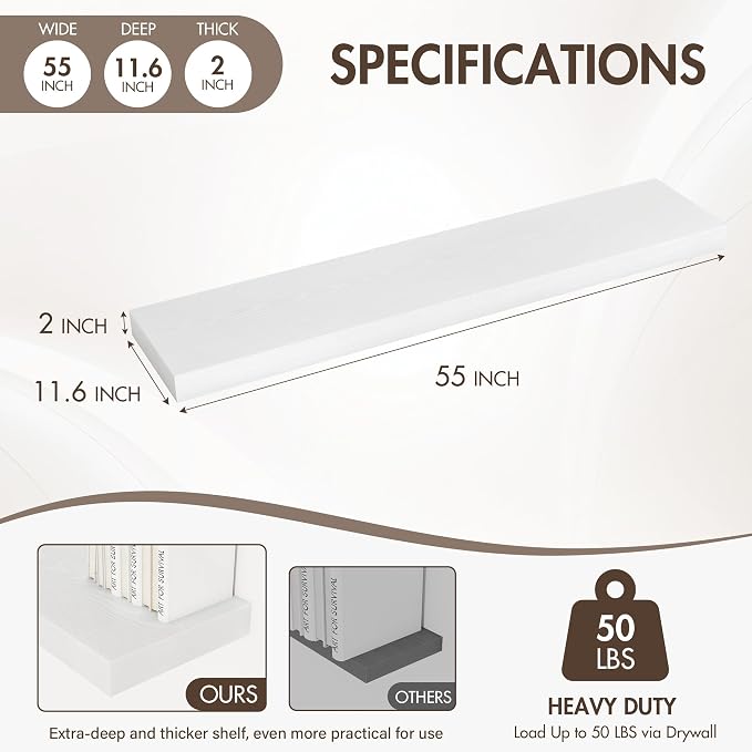 Acovy 55 Inch Floating Shelves, 12" Deep Floating Shelf Wall Mounted, 55" Wall Shelves, Rustic Deep Bookshelf, Extra Deeper & Thicker Display Shelves for Bedroom, Living Room, White, Set of 2