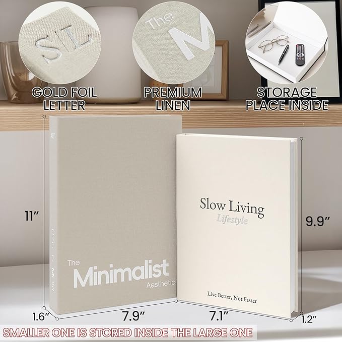 Minimalist Decorative Books - Fake Books Storage Box for Decoration - Set of 2 Linen Coffee Table Decor - Photo Storage Keepsake Box for Room Bookshelf Decor, Griege