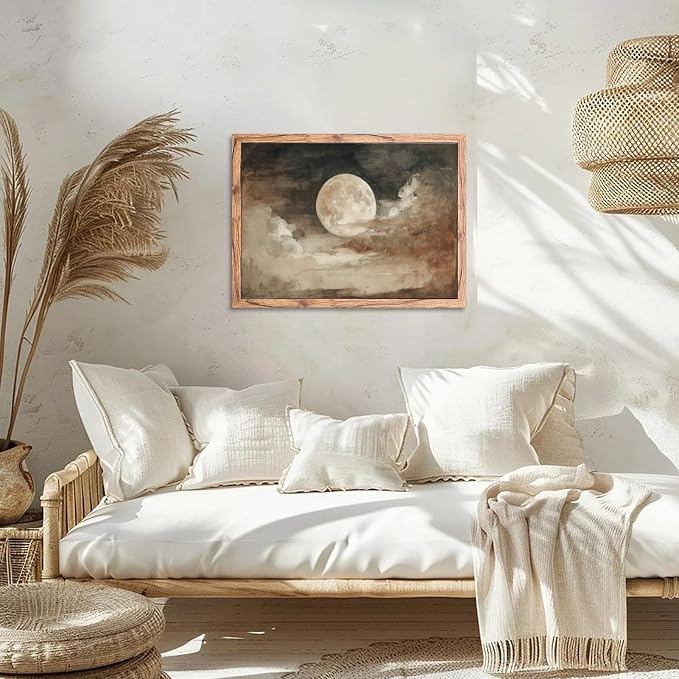 KBBYT Large Framed Wall Art Full Moon and Clouds Poster Canvas Print Vintage Aesthetic Painting Nature Countryside Pictures Wall Decor for Living Room Bedroom Home Decoration 24x36inch Wood Framed