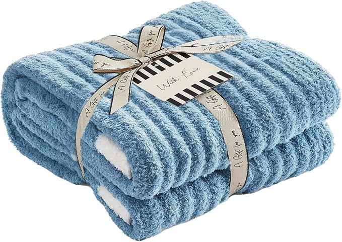 WRENSONGE Soft Twin Blanket for Bed-Cozy Warm Reversible Knitted Blankets | Lightweight Fluffy Decor for Women, Mom, Her & Girls, Sofa, Chair, Couch, 60x80in, Blue