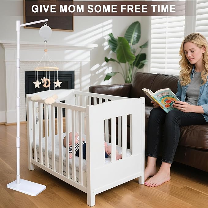 White Floor-Standing Crib Mobile Arm with Music Box - 65" Wooden Mobile Stand for Crib - 100% Beech Wood, 12 Lullabies, Volume Control - Rotating Crib Mobile Motor - Baby Mobile Hanger & Nursery Decor