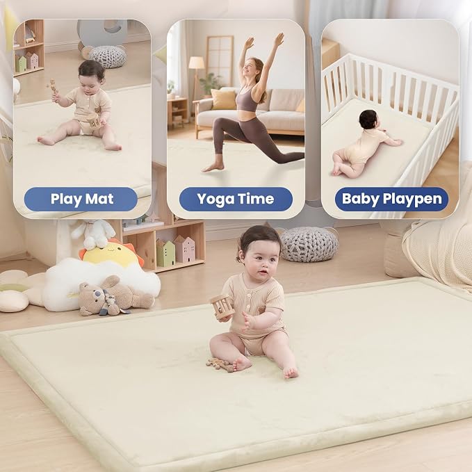 Extra Large 79"x118" Baby Activity Play Mat for Floor, 1.3" Thick Elasti Foam for Tummy Time & Crawling, Non-Slip Nursery Rug for Infants, Toddlers & Kids, Tatami Style Mat for Yoga, Living Room, Classroom & Playroom(Cream)