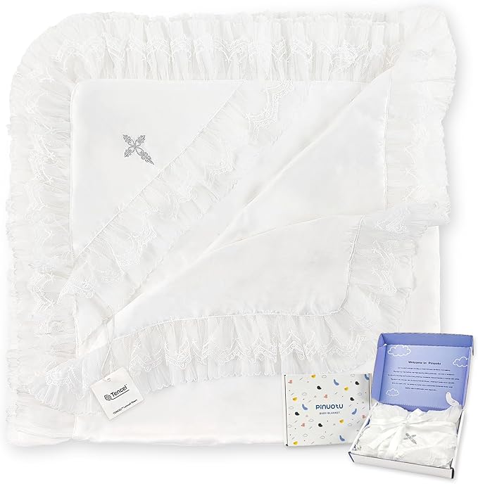Tencel Baby Baptism Blanket with Hood-Silky Soft Christening Blanket for Boys & Girls, Breathable Tencel Fabric, 39.4×39.4 in, Elegant Gift Box, Perfect for Photography &Gift