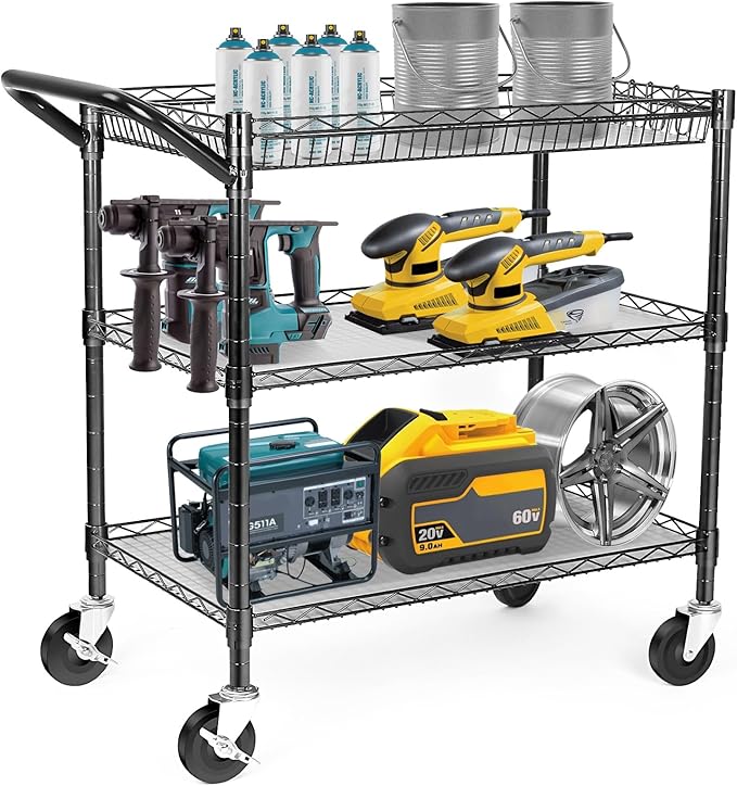 WDT Heavy Duty 3 Tier Utility Cart,Wire Rolling Cart with Wheels, Commercial Grade Service Cart with Shelving Liners and Handle Bar Metal Carts for Kitchen Office Hardware