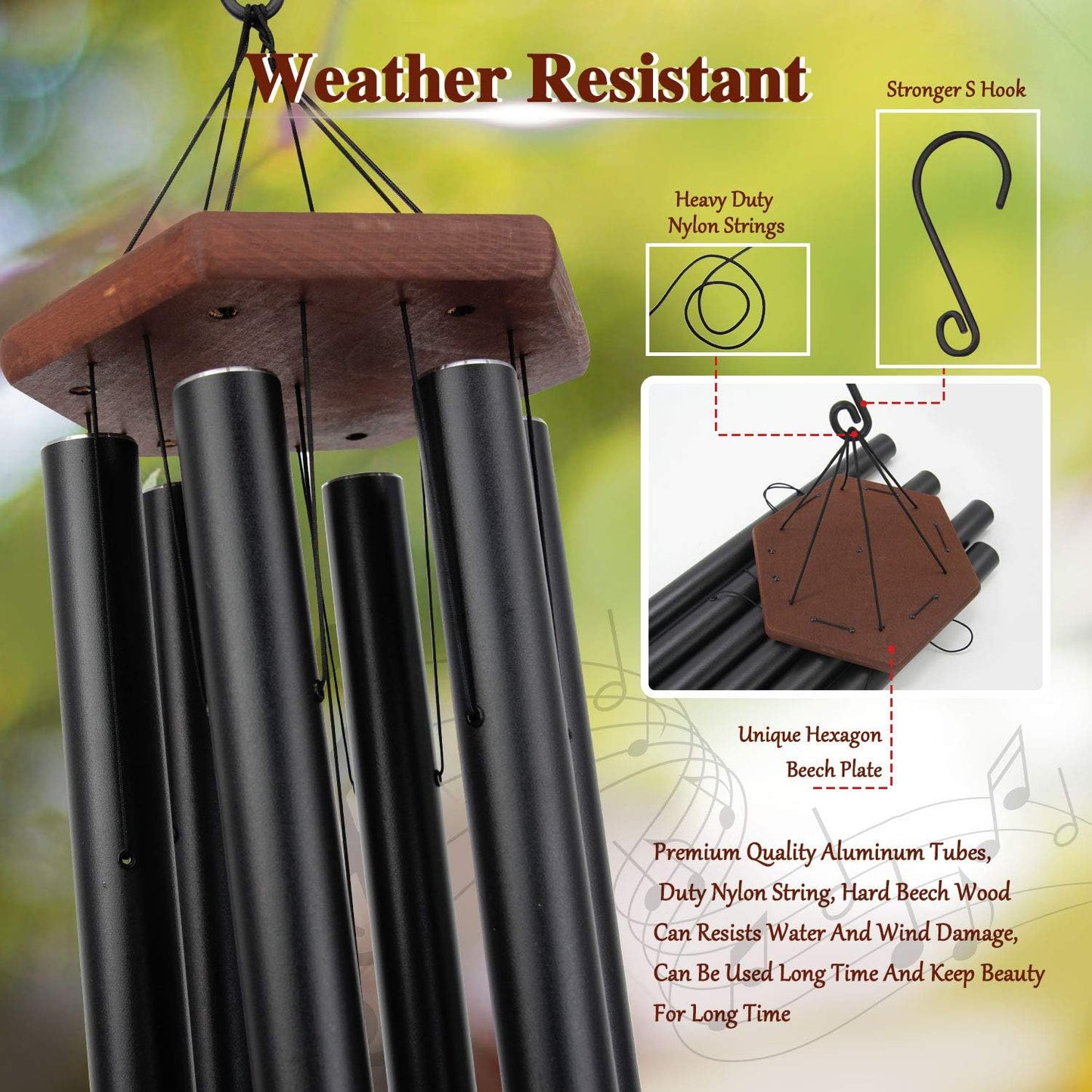 Wind Chimes Outdoor Large Deep Tone, 44 Inches Sympathy Wind Chimes Tuned Soothing Melody, Memorial Wind-Chime with 6 Heavy Tubes for Outside Decoration, Garden/Yard. Black Wind Chime