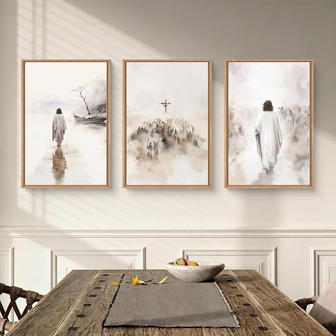 ARYROI Jesus Christ Walking On Water Framed Canvas Wall Art Set,Religious Christian Biblical Scenes Landscape Wall Decor,Watercolor Neutral Faith Scripture Cross Artwork for Living Room,Prayer Room,Church-24"x36"x3